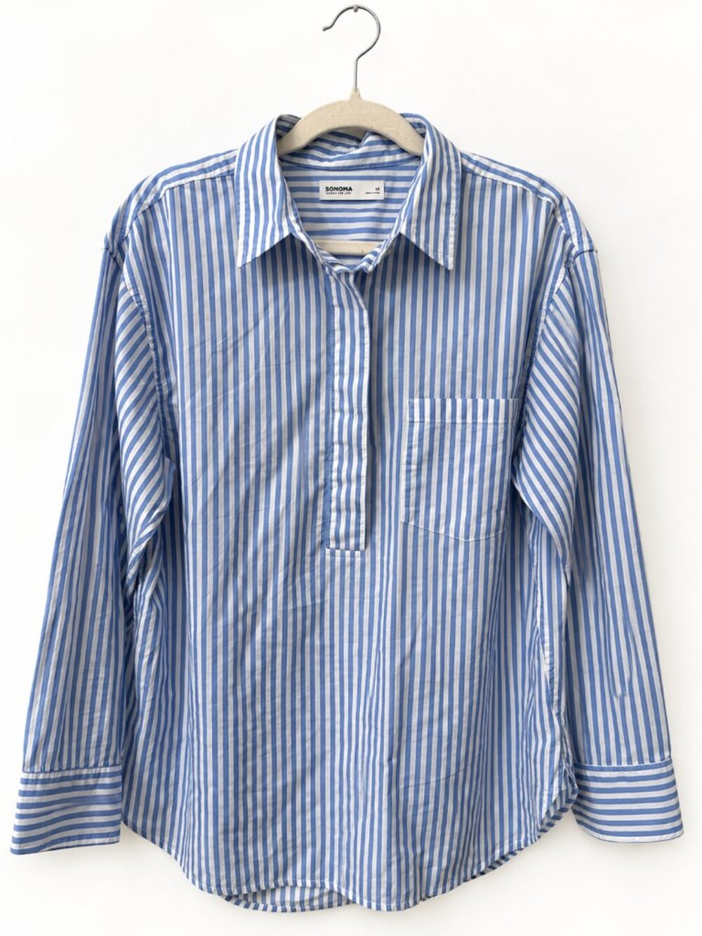 Sonoma Goods for Life Blue & White Striped Quarter Button Pullover Shirt Medium